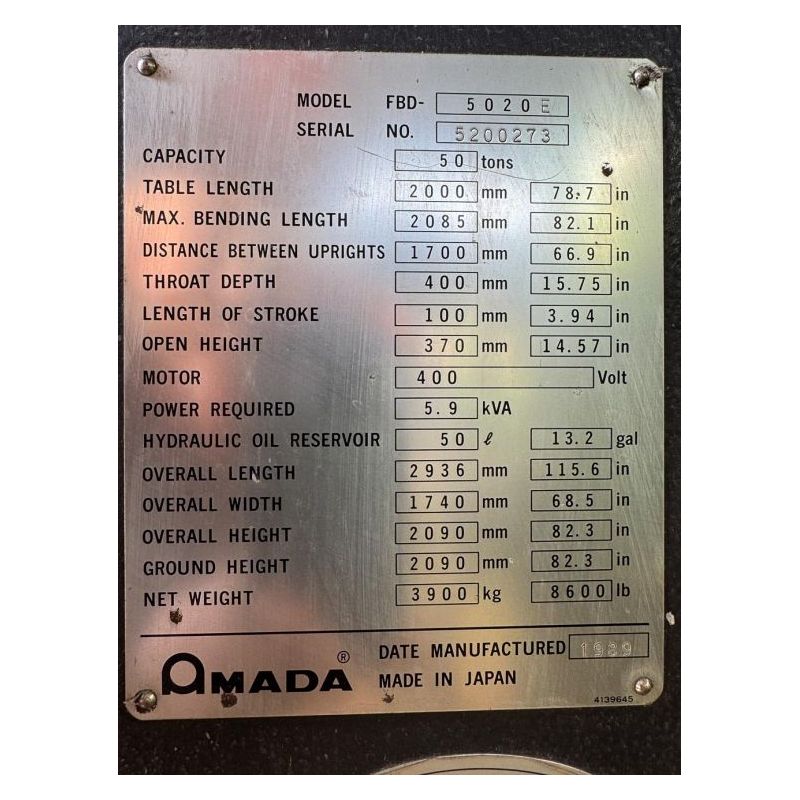 Apkant preša AMADA NC 50tx2000mm (Neispravno stanje - strujni dio) Cijena