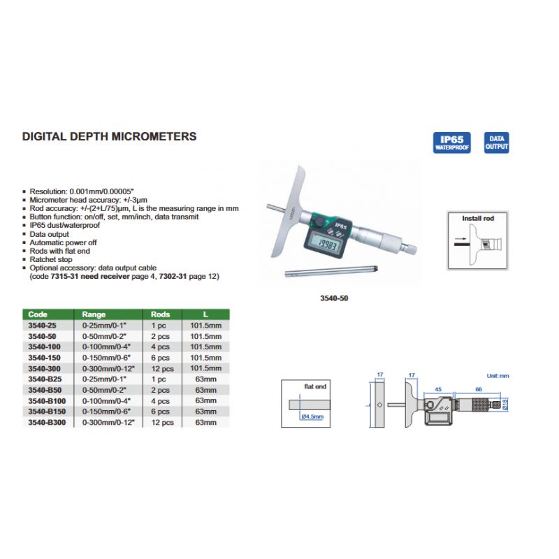 Digitalni mikrometar za dubinu 0-50 mm, 0.001 mm, Insize Cijena