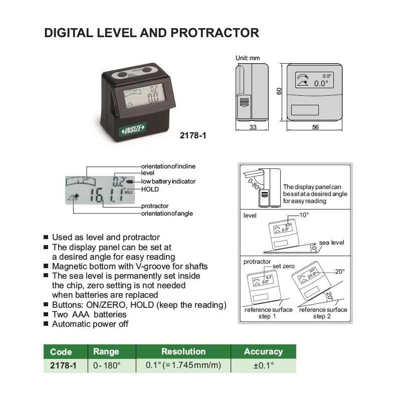 Digitalni mjerač I kutomjer 0-180°, 0,1°, ±0,1°, Insize Cijena
