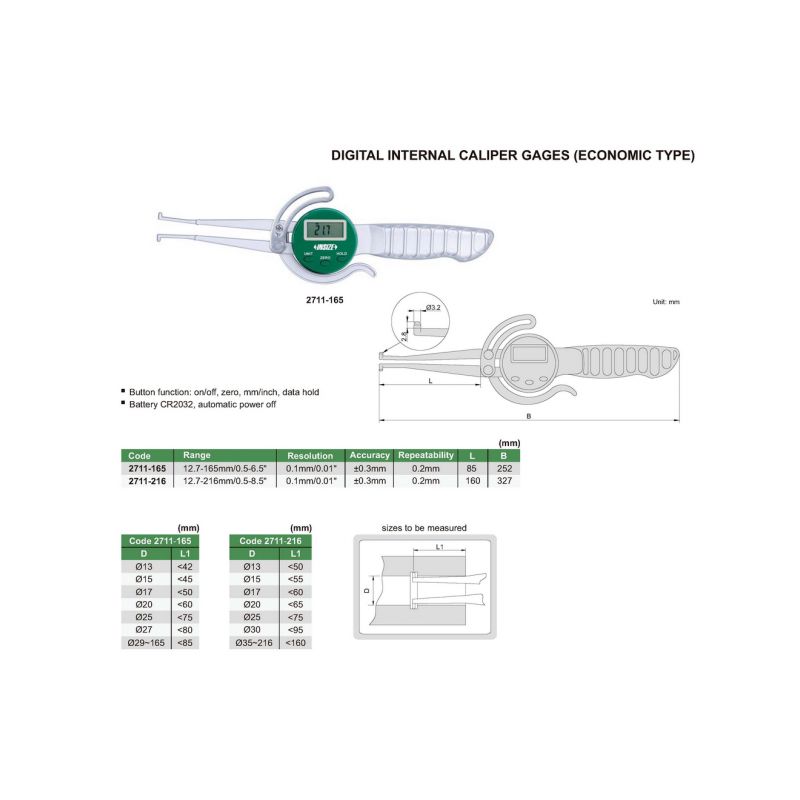 Digitalni uređaj za unutarnja mjerenja 12.7-216 mm/0.5-8.5, Insize Cijena