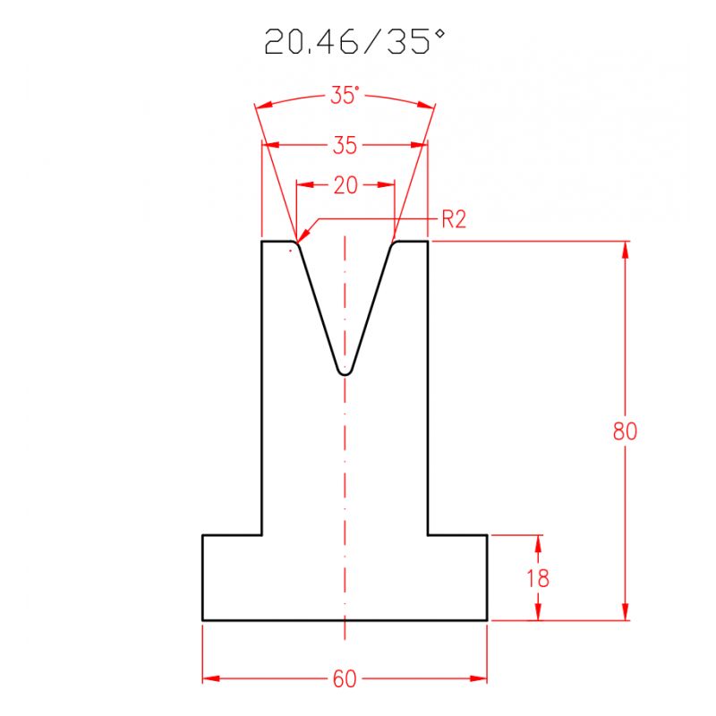 Donji alat za savijanje 20.46/35 H=80 mm, V=20 mm, L=835 mm, segmentiran Cijena
