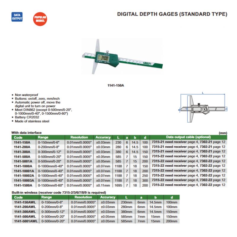 Dubinomjer - digitalni, standardni, 0-200 mm, Insize Cijena