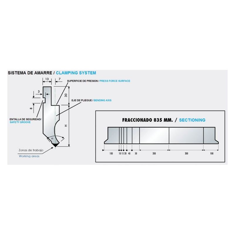 Gornji alat za savijanje 10.12/30 x 835 mm R=0.8 mm, segmentiran Cijena