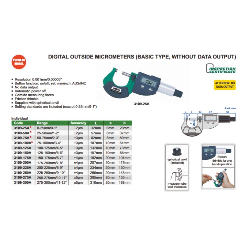 Mikrometar digitalni vanjski 150-175 mm 0.001mm, Insize Cijena
