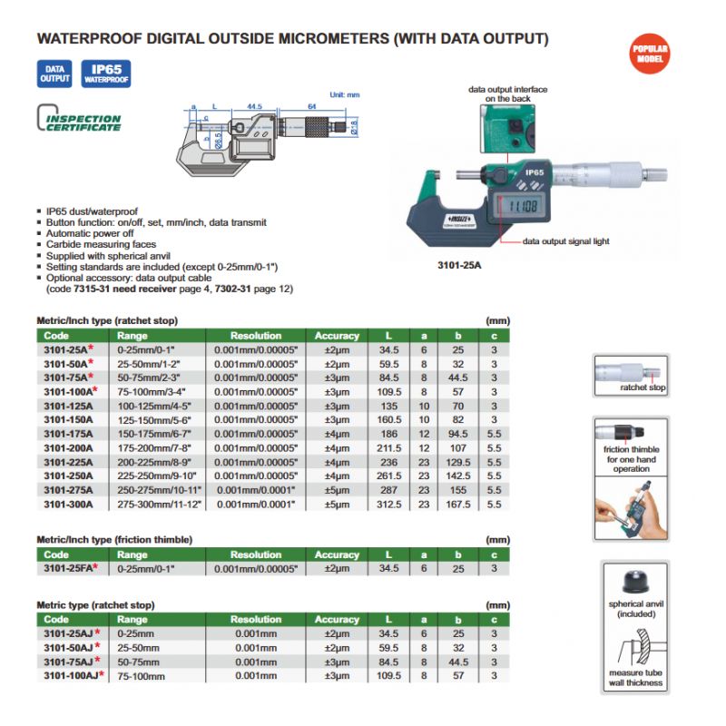 Mikrometar digitalni vanjski 175-200 mm 0.001mm, IP65, Insize Cijena