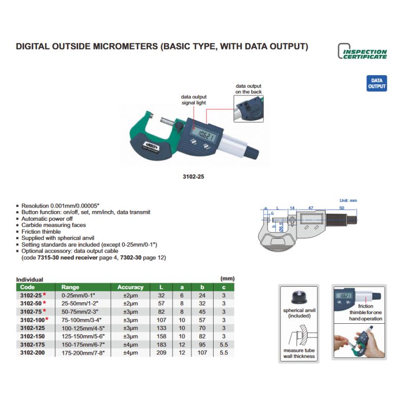 Mikrometar digitalni vanjski Set 0-100mm 0.001mm, Insize Cijena