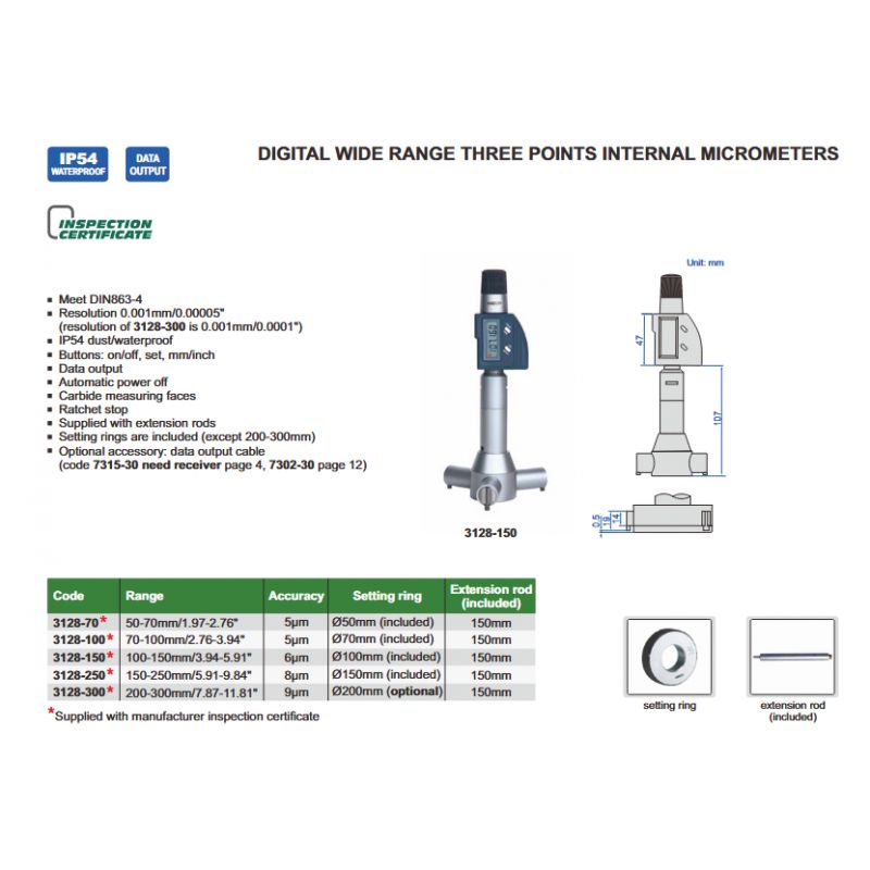Mikrometar unutarnji, digitalni, IP54 100-150 mm 0.001mm, Insize Cijena