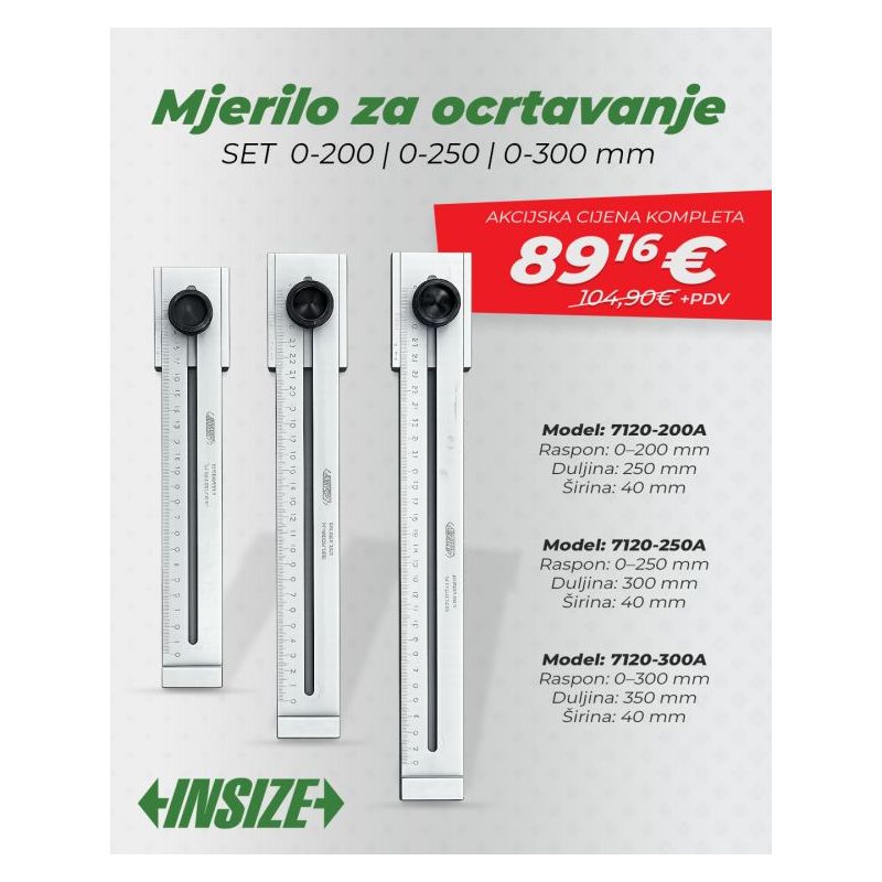 Mjerilo za ocrtavanje set 0-200, 0-250, 0-300 mm 0.1mm, Insize Cijena