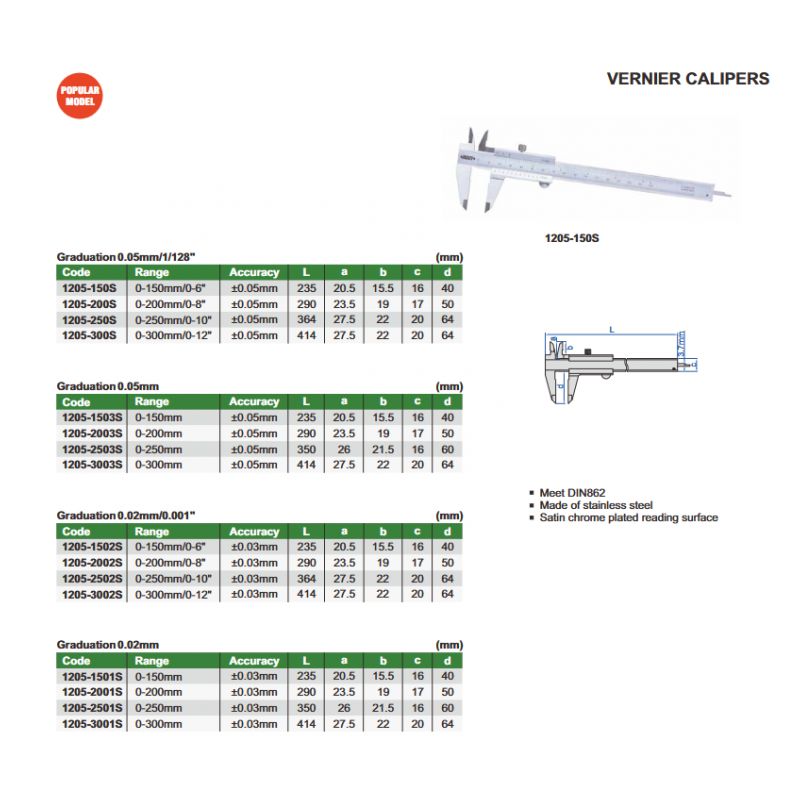 Vernier Caliper, 0-200mm, 0.05 mm Insize Price