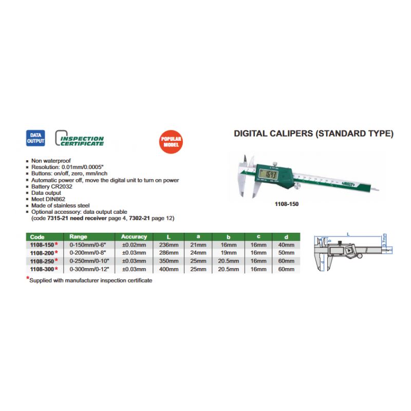 Pomično mjerilo (1108) - digitalno, standardno, s kotačićem, 0-150 mm, Insize Cijena