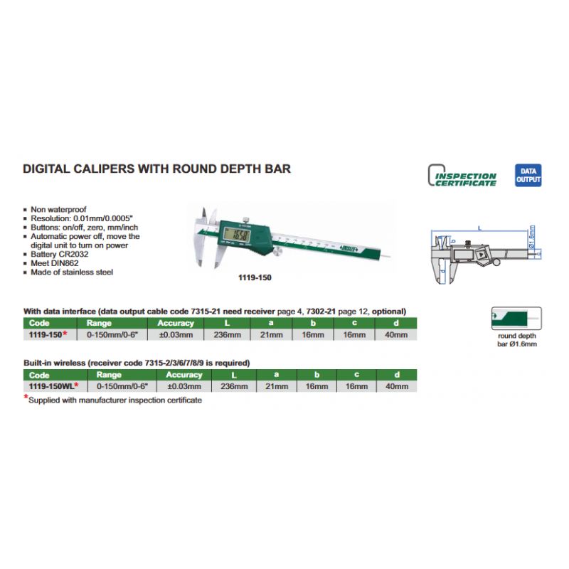 Pomično mjerilo - digitalno, s kotačićem, s radijusnim ticalom za mjerenje dubine, 0-150 mm, Insize Cijena