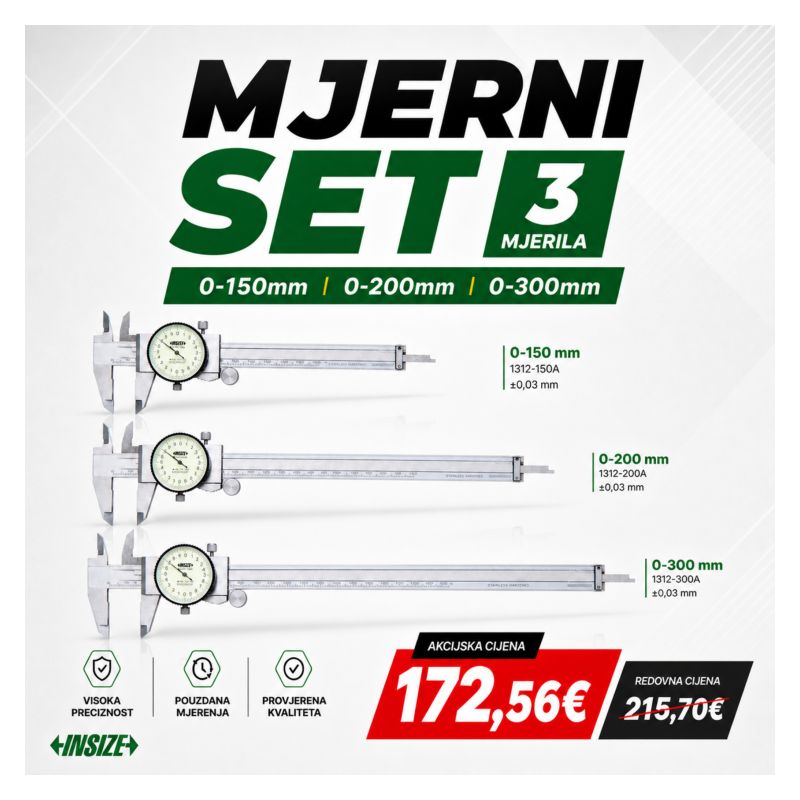 Pomično mjerilo sa satom SET 0-150, 0-200, 0-300 mm 0.02mm Insize Cijena