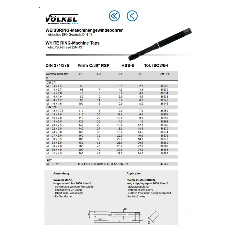Spiralni strojni ureznik M18x2,5 DIN 376/C HSS-E, bijeli prsten, Völkel Cijena