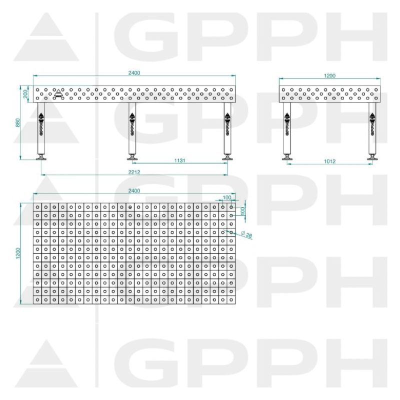 Stol za zavarivanje 2400x1200 mm, 3D, Nitrirani, D28 mm, 100x100 mm, GPPH PLUS Cijena