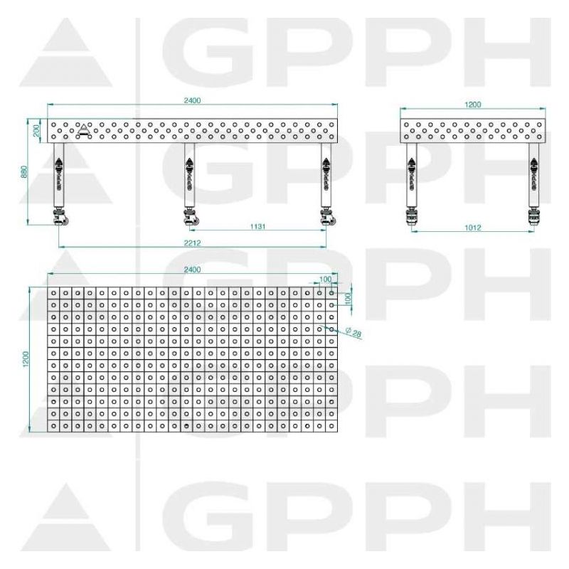 Stol za zavarivanje 2400x1200 mm, 3D, Nitrirani, D28 mm, 100x100 mm, s kotačima, GPPH PLUS Cijena