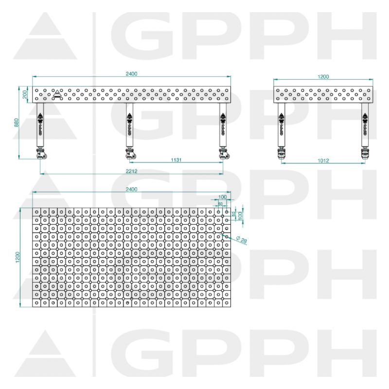 Stol za zavarivanje PLUS 2400x1200 mm, 3D, D28 mm, D-GRID, na kotačima, GPPH Cijena