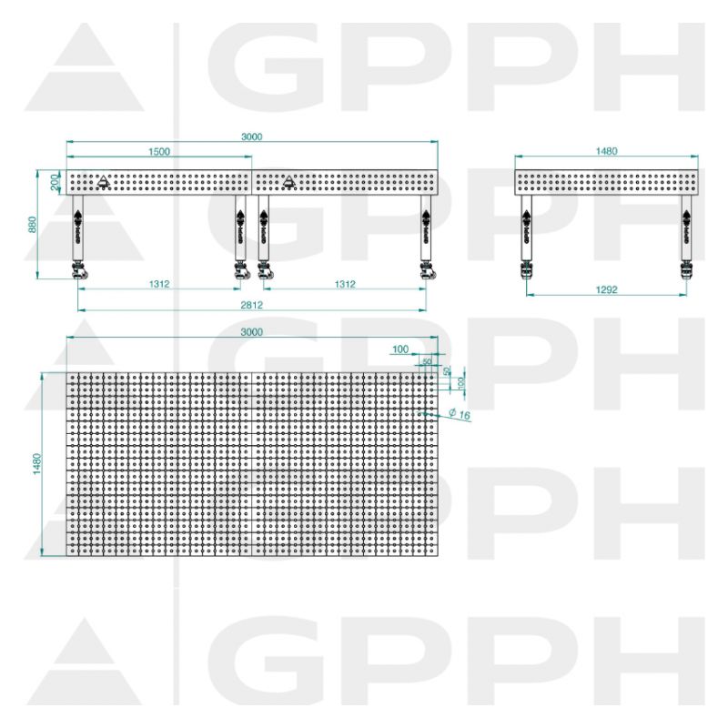 Stol za zavarivanje PLUS 3000X1480, 3D, D16mm, 50x50mm, na kotačima, GPPH Cijena