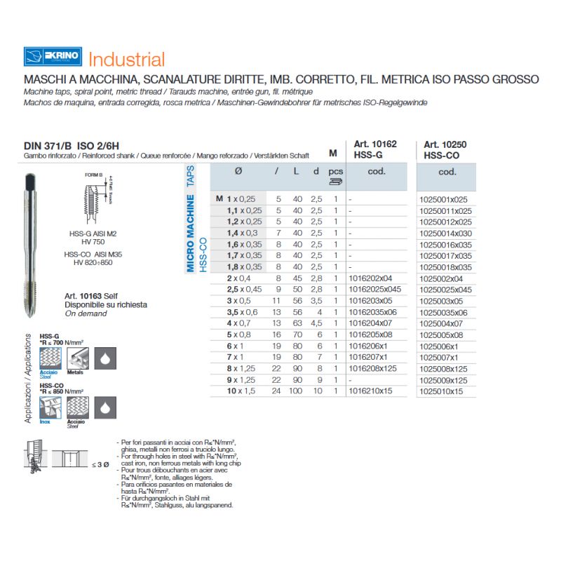Strojni ureznik, ravni, M10 HSS-G, Krino Cijena