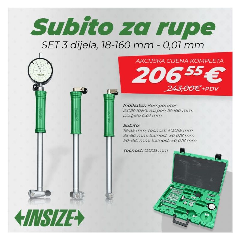Subito set za rupe, 3 dijela, 18-160 mm - 0,01 mm, Insize Cijena