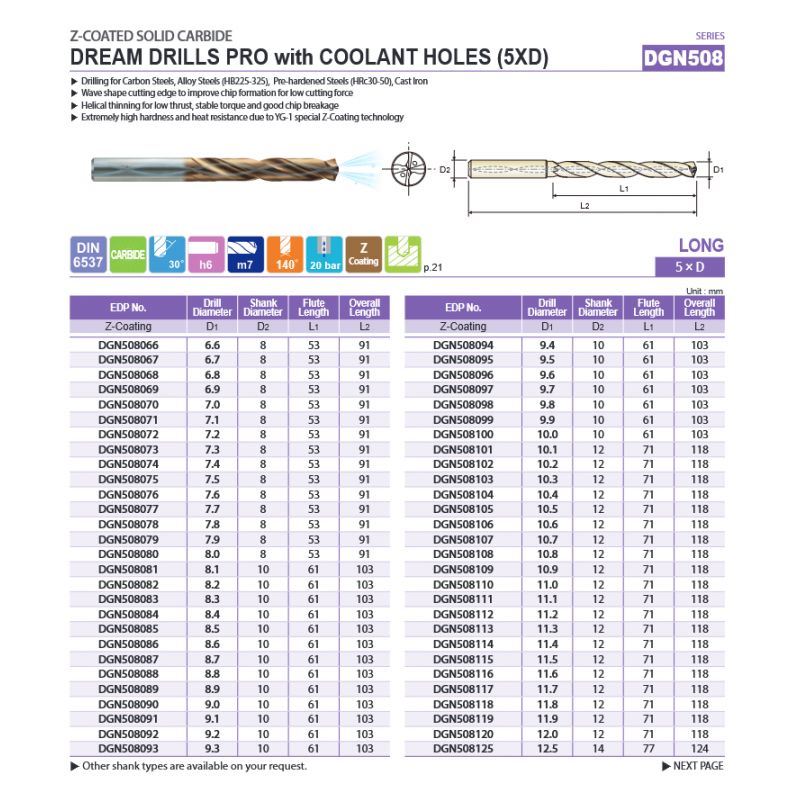 Svrdlo TM s hlađenjem ⌀7.0 mm 5xD DIN6537 Dream Drill-Pro, YG-1 Cijena