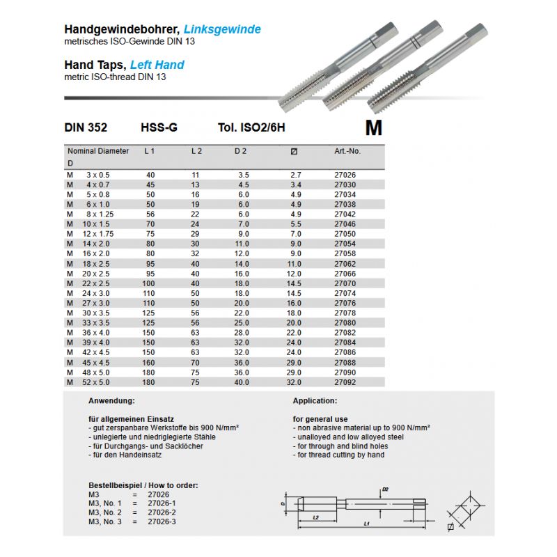 Ručni ureznik - lijevi, set, M4 HSS-G DIN 352, Völkel Cijena
