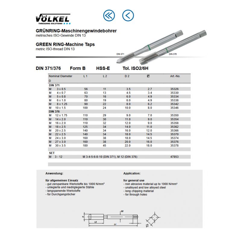 Ravni strojni ureznik, M10 HSS-E DIN 371-B zeleni prsten, Völkel Cijena