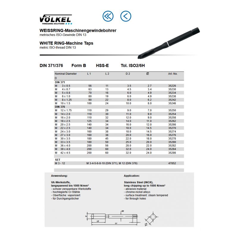 Ravni strojni ureznik, M5 HSSE VAP DIN 371-B bijeli prsten, Völkel Cijena