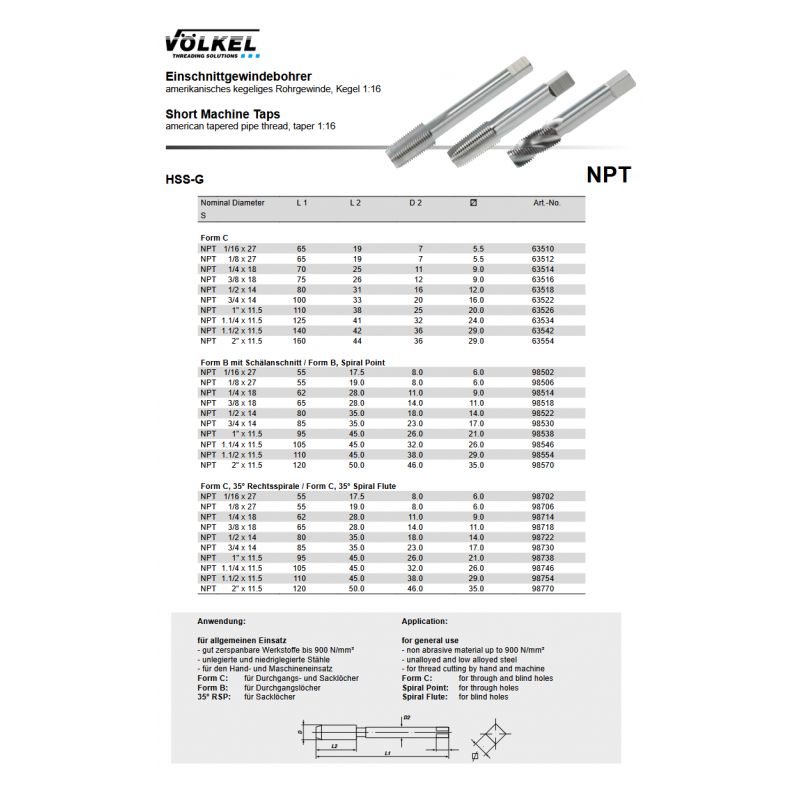 Spiralni strojni ureznik - kratki NPT 1x11,5 form C, 35 HSS-G, Völkel Cijena