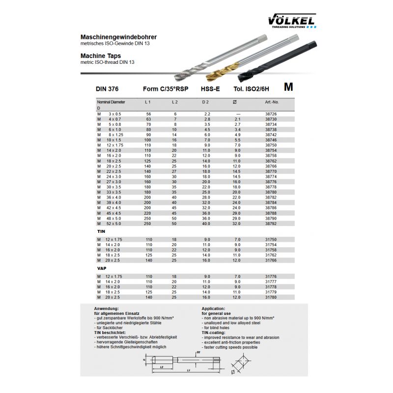 Spiralni strojni ureznik, M12 DIN 376 HSS-E, Völkel Cijena