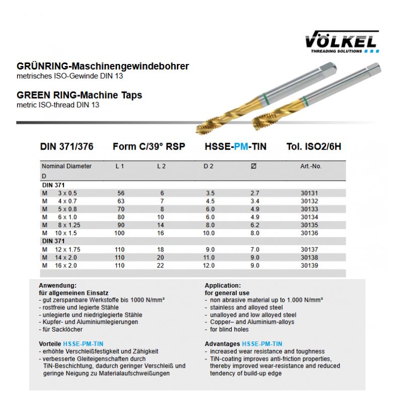 Spiralni strojni ureznik, M12 HSSE-PM TiN DIN 376-C zeleni prsten, Völkel Cijena