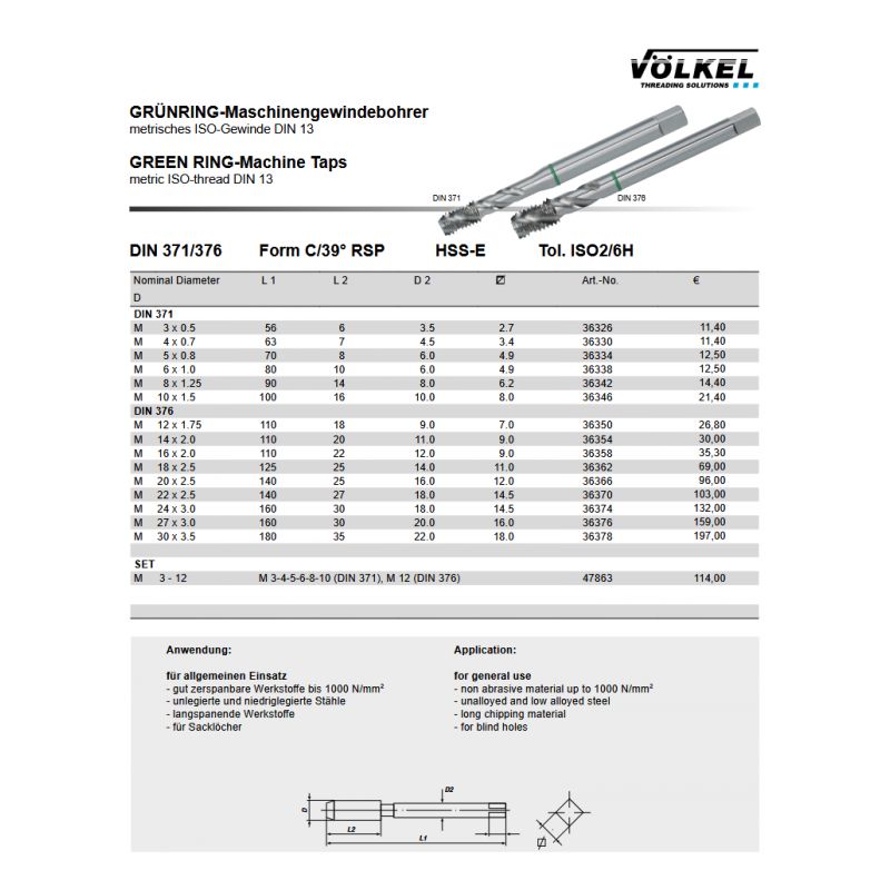 Spiralni strojni ureznik, M20 HSS-E DIN 376-C zeleni prsten, Völkel Cijena