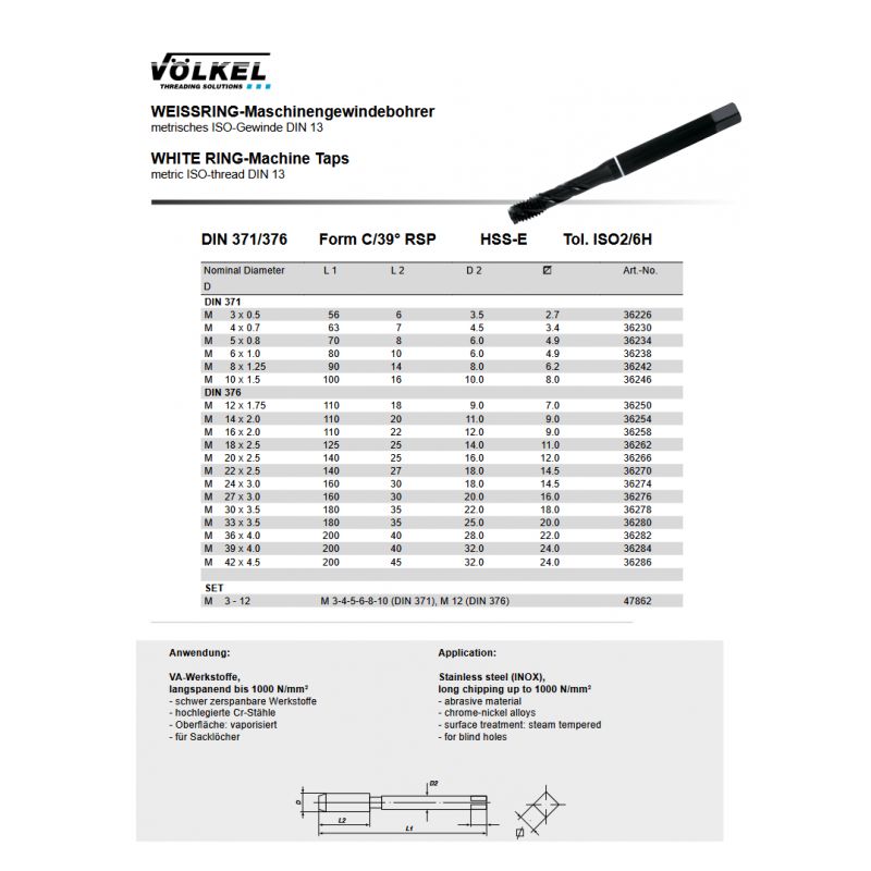 Spiralni strojni ureznik, M5 HSS-E DIN 371-C bijeli prsten, Völkel Cijena