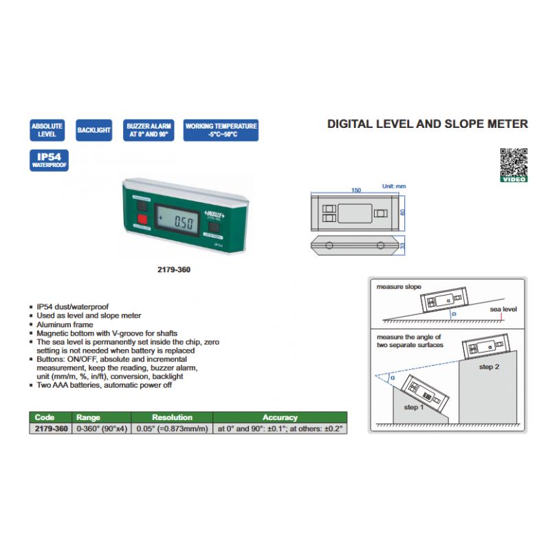 Vaga i kutomjer - digitalni, 0-360°, 90°×4, Insize Cijena