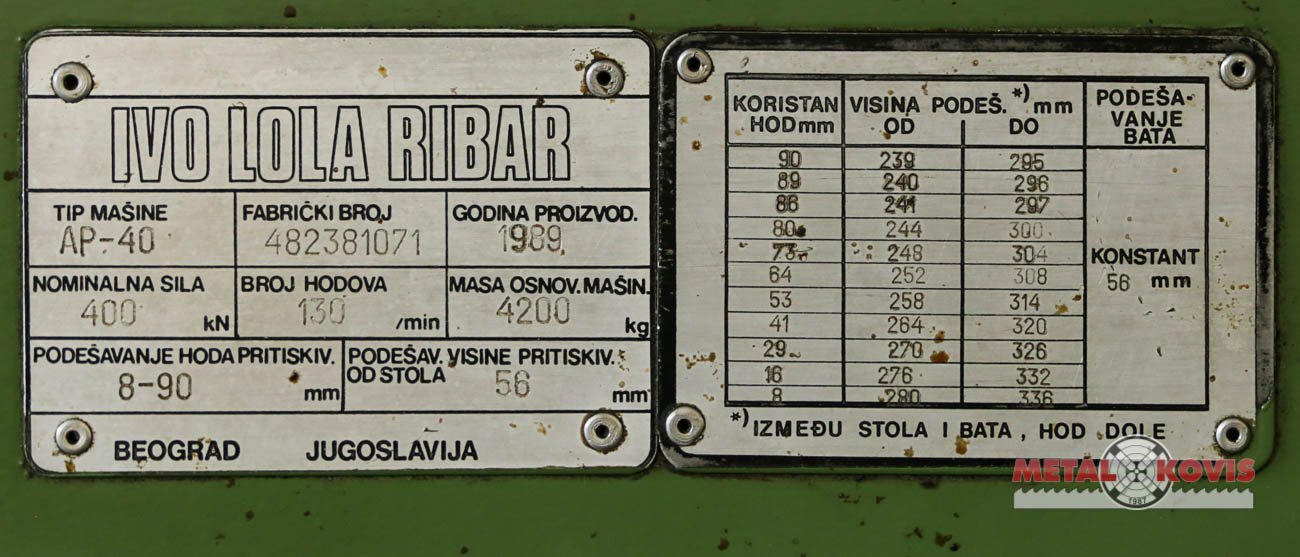 Ekscentar preša IVO LOLA RIBAR ILR, AP-40, 40 t | 40t | 4200 Kg | 8-90 ...